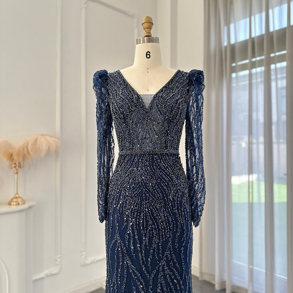 Navy Blue Mermaid Evening Dress for Women Wedding Elegant Emerald Green Long Sleeves Arabic Formal Party Gowns SS099
