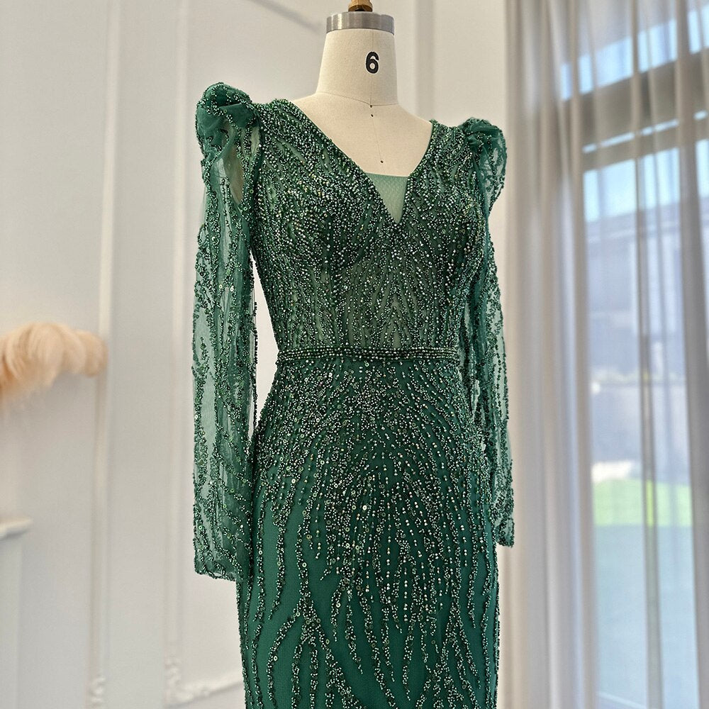 Navy Blue Mermaid Evening Dress for Women Wedding Elegant Emerald Green Long Sleeves Arabic Formal Party Gowns SS099