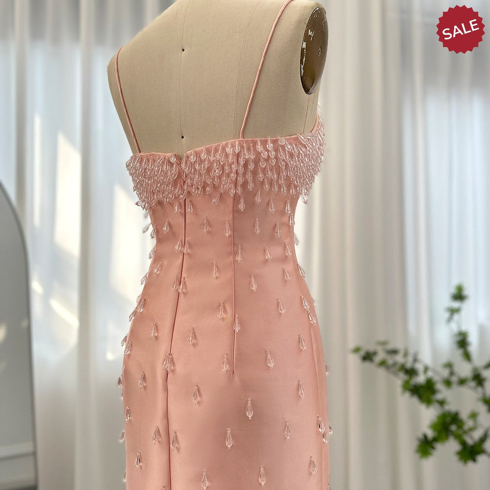 Navy Blue Spaghetti Straps Midi Evening Dress Luxury Dubai Beige Pink Arabic Women Wedding Party Gown SS315