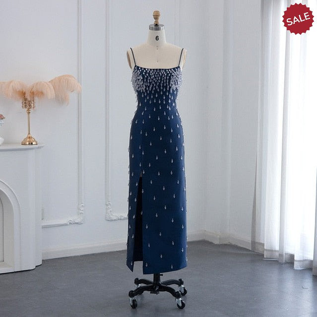 Navy Blue Spaghetti Straps Midi Evening Dress Luxury Dubai Beige Pink Arabic Women Wedding Party Gown SS315
