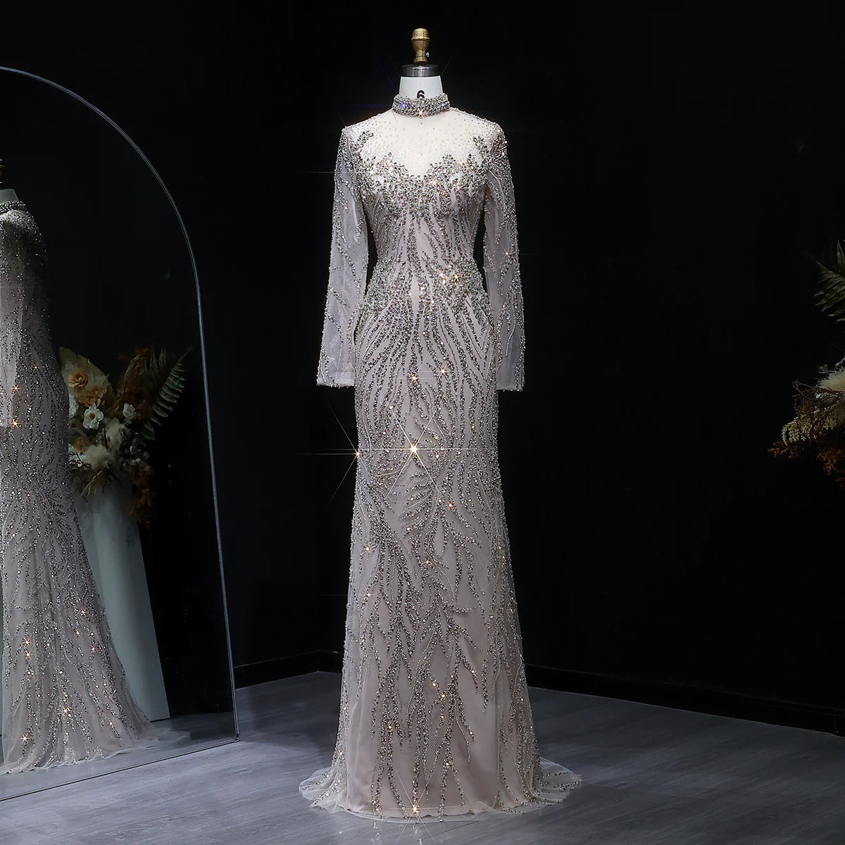 Sparkling Champagne Sequin Evening Dress with Illusion Neckline SS623