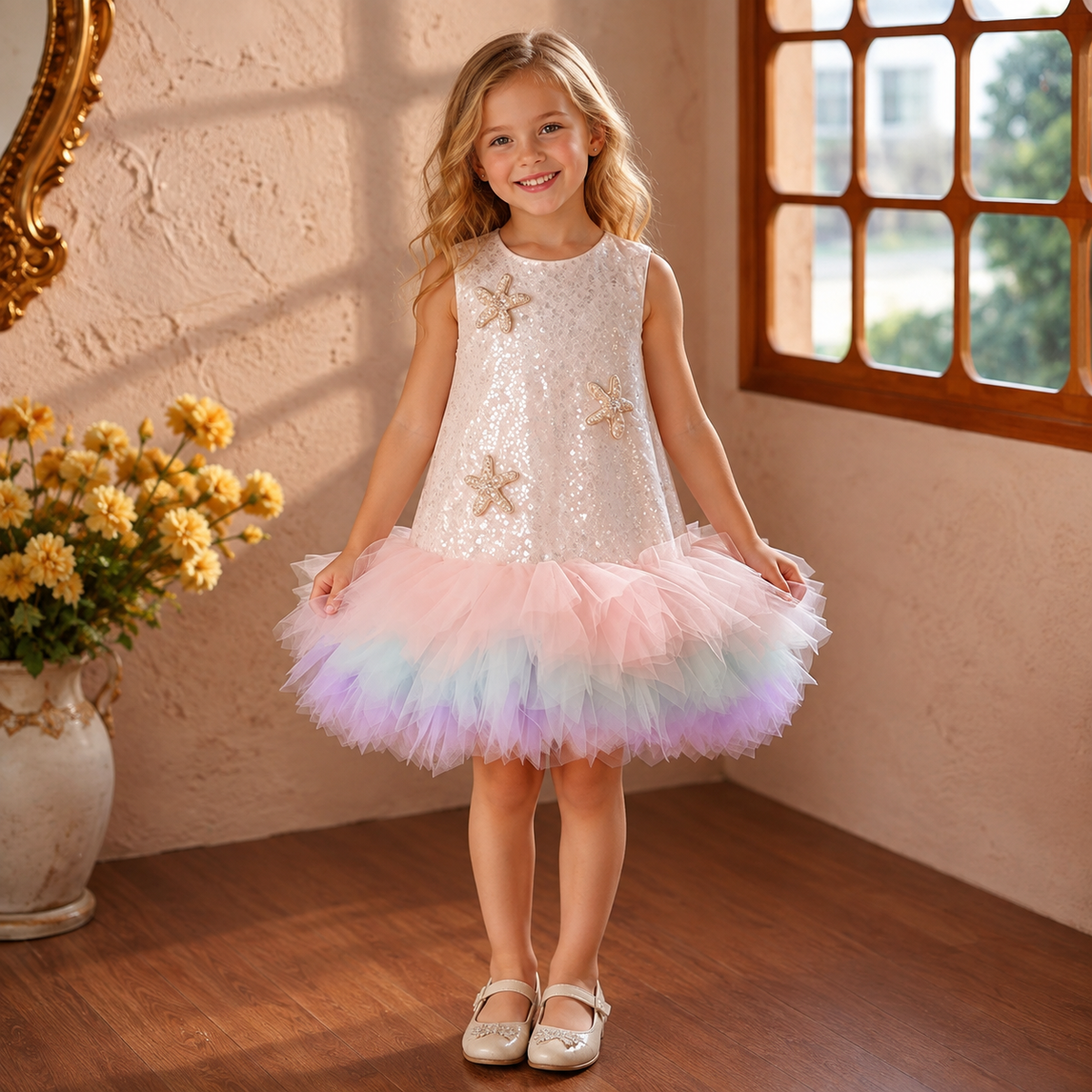 Flower Girl Dress for Girls Sequin Tulle Party Dress with Rainbow Tulle Skirt D062