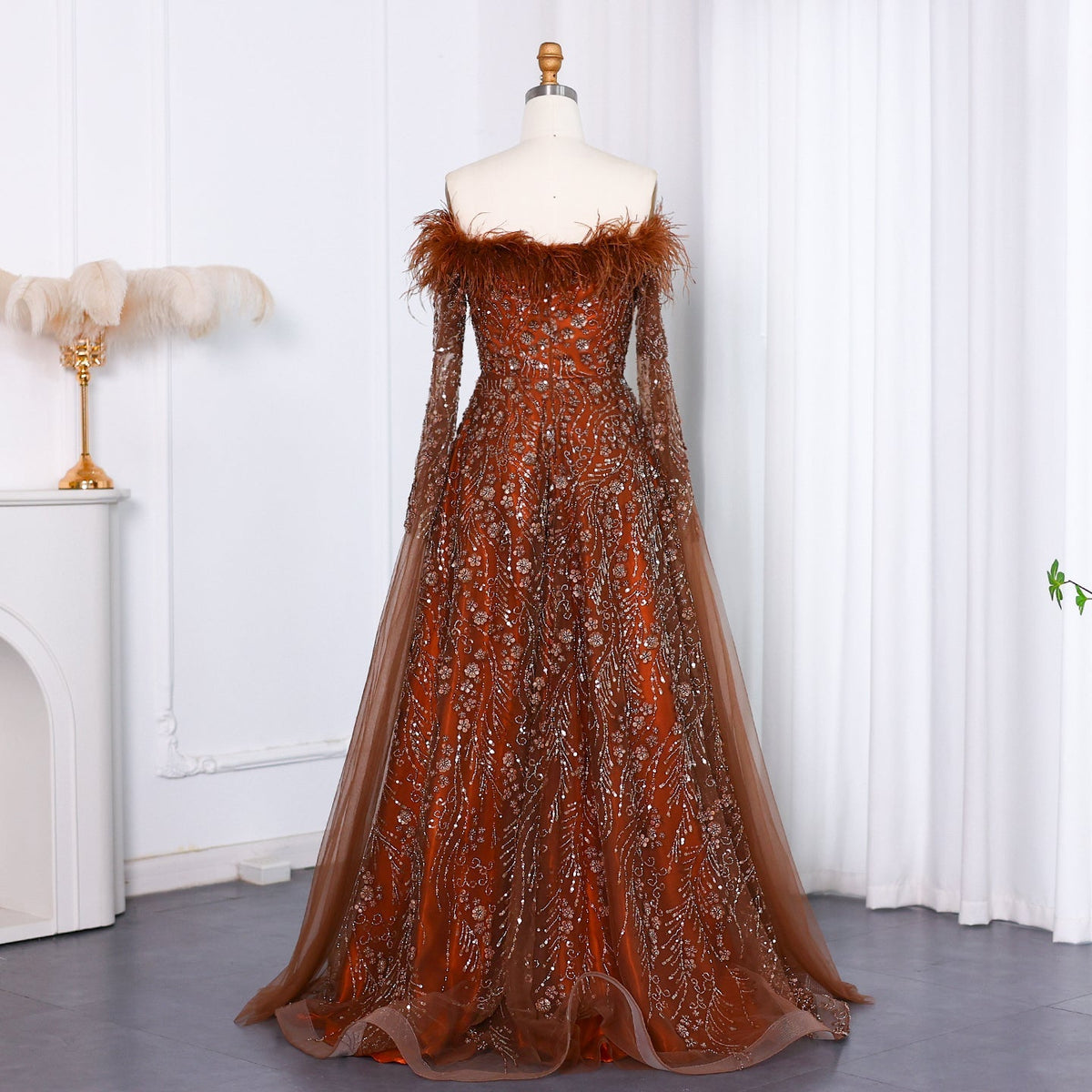Off Shoulder Feathers Brown Evening Dress with Cape Sleeves SS135