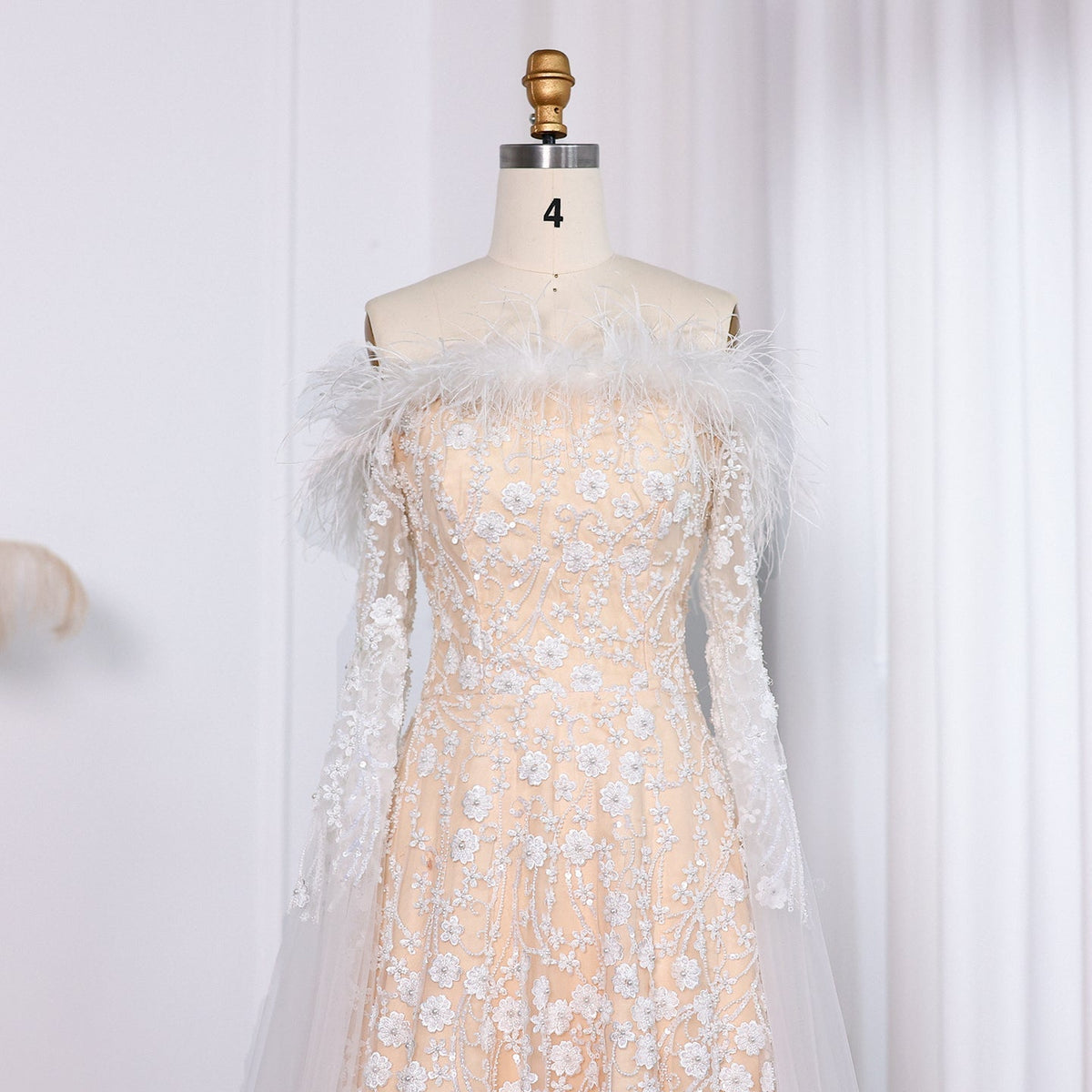 Off Shoulder Feathers Brown Evening Dress with Cape Sleeves SS135