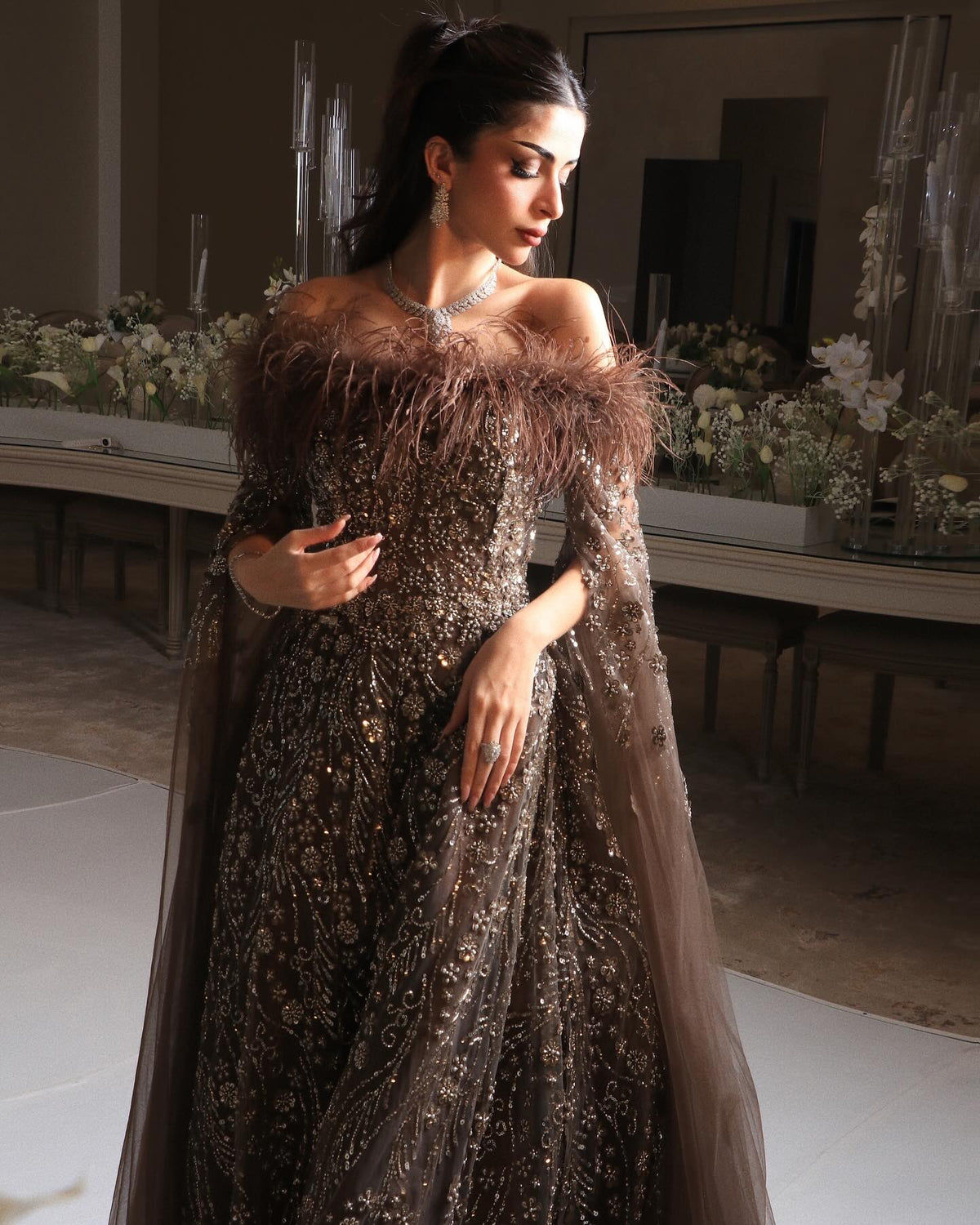 Off Shoulder Feathers Brown Evening Dress with Cape Sleeves SS135