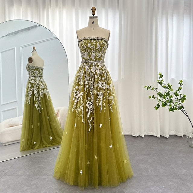 Olive Green Luxury Dubai Evening Dresses for Women Wedding Party Elegant Arabic Strapless Formal Prom Gowns SS380
