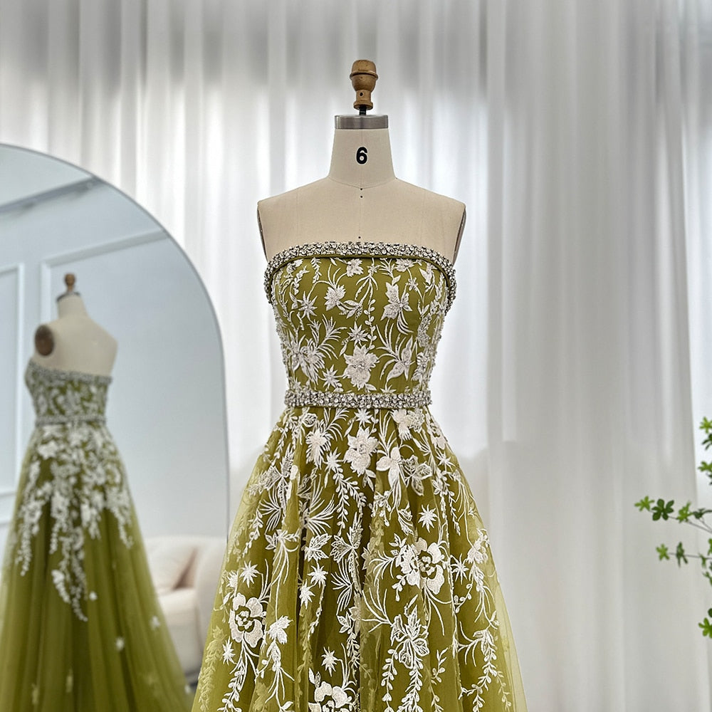 Olive Green Luxury Dubai Evening Dresses for Women Wedding Party Elegant Arabic Strapless Formal Prom Gowns SS380