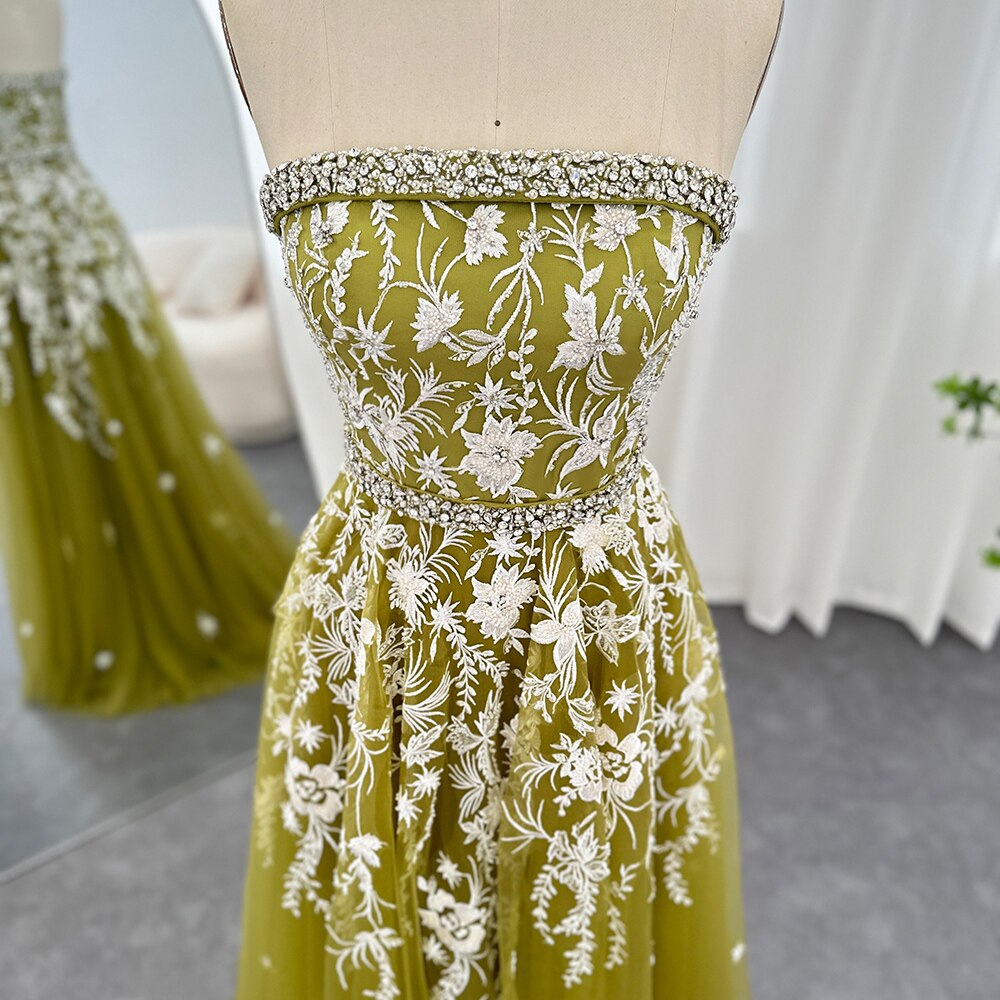 Olive Green Luxury Dubai Evening Dresses for Women Wedding Party Elegant Arabic Strapless Formal Prom Gowns SS380