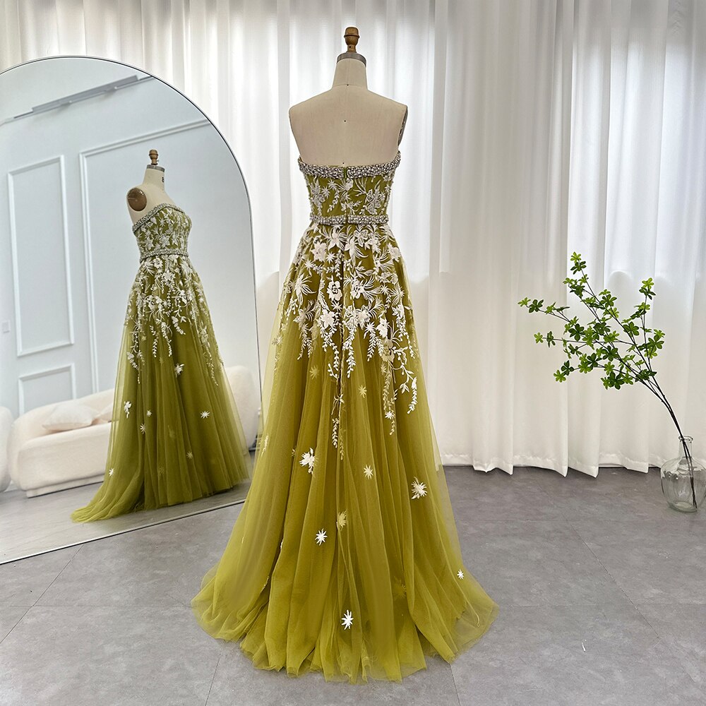 Olive Green Luxury Dubai Evening Dresses for Women Wedding Party Elegant Arabic Strapless Formal Prom Gowns SS380