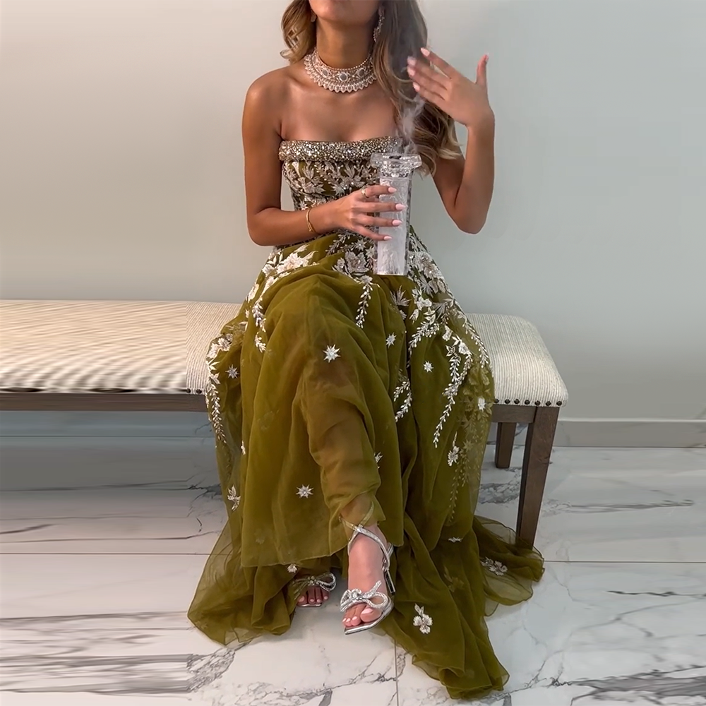 Olive Green Luxury Dubai Evening Dresses for Women Wedding Party Elegant Arabic Strapless Formal Prom Gowns SS380