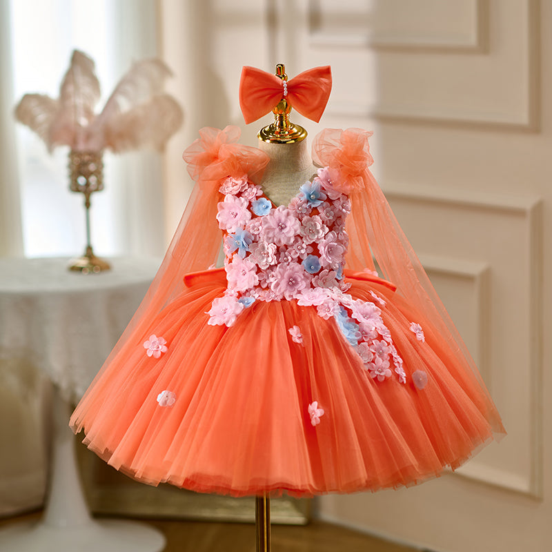 Orange Girl Dress Flowers Lovely Princess Birthday Party Gown D028