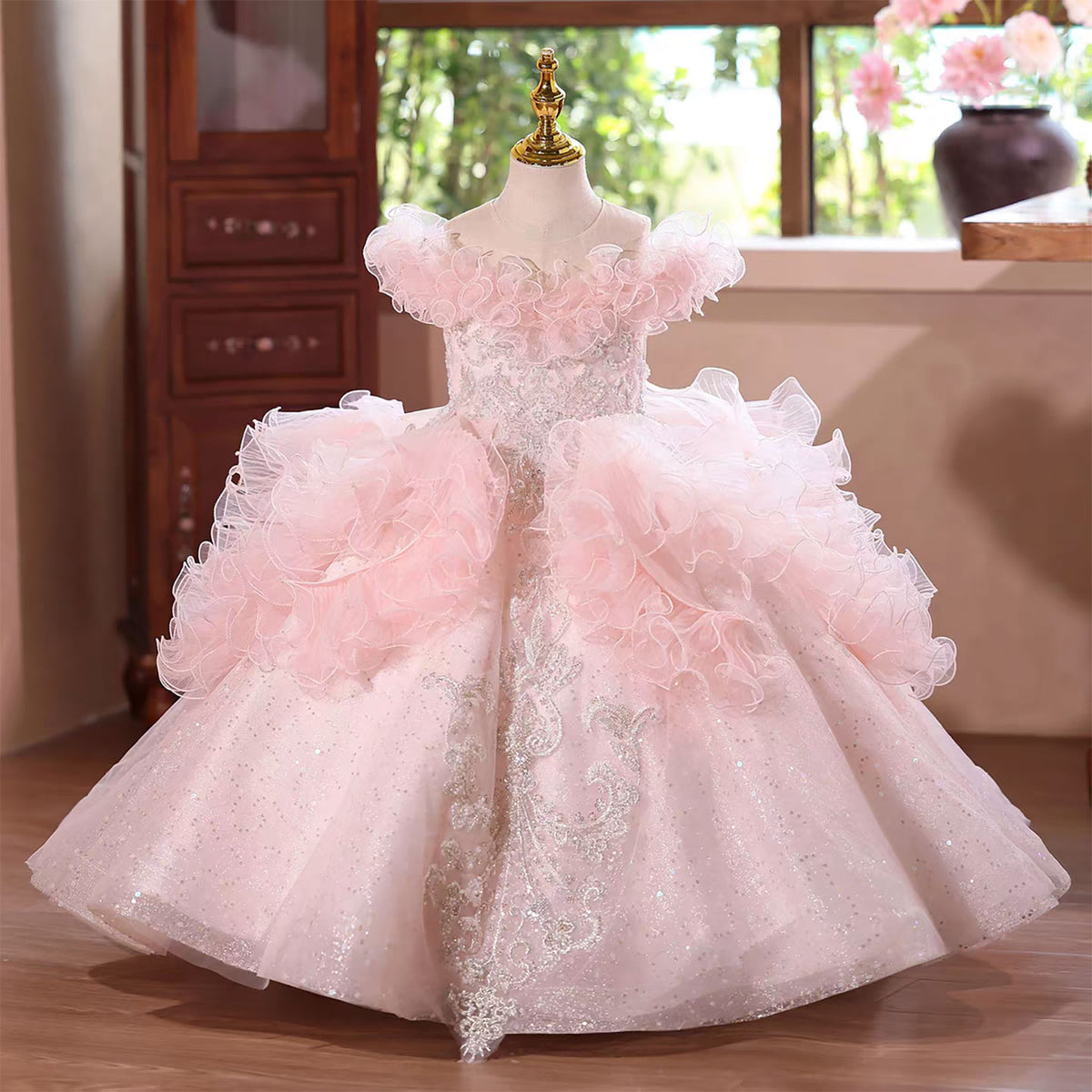 Elegant Pink Flower Girl Gown with Ruffles and Sparkling Tulle D138