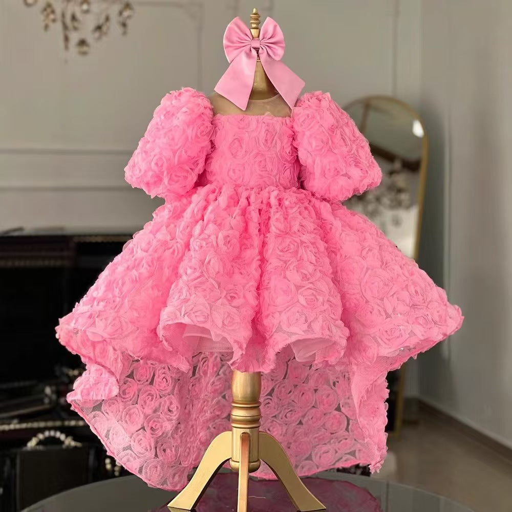 Pink Flower Girl Dress with Bow 3D Floral Toddler Princess Dress for Wedding Party M026