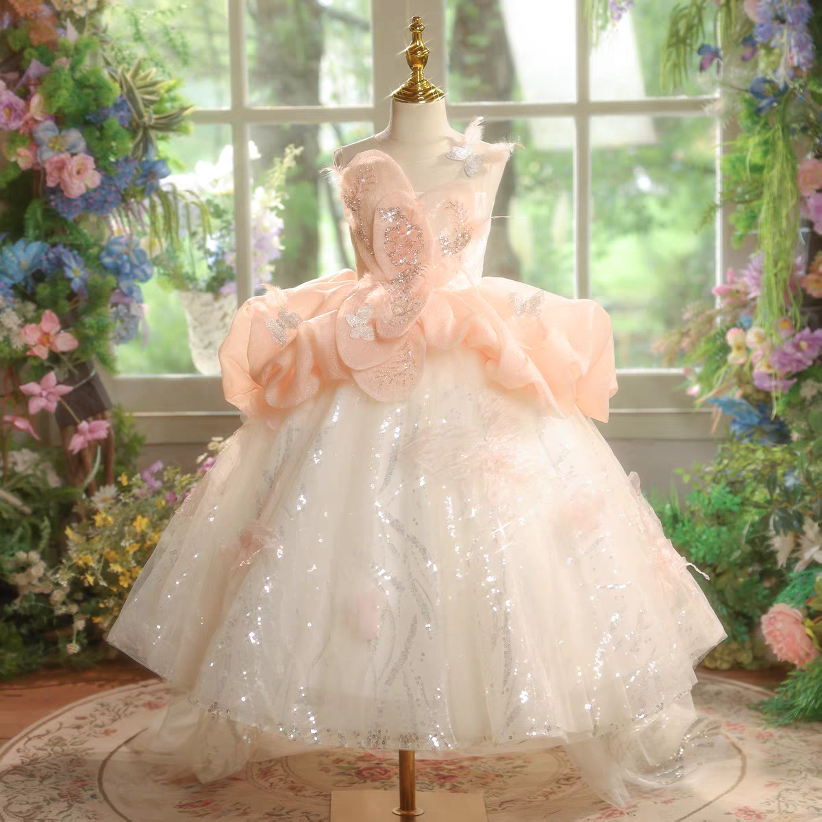 Luxury Girl Dress Pink Princess Kids Birthday Pageant Gown D326