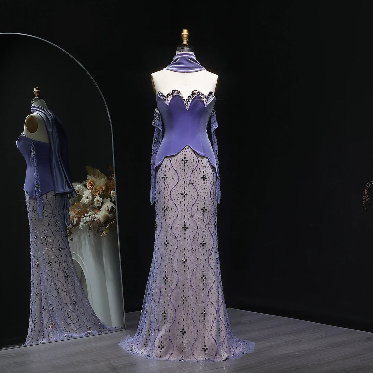 Jill Wish Purple Beaded Two Piece Evening Dress with Scarf SS269