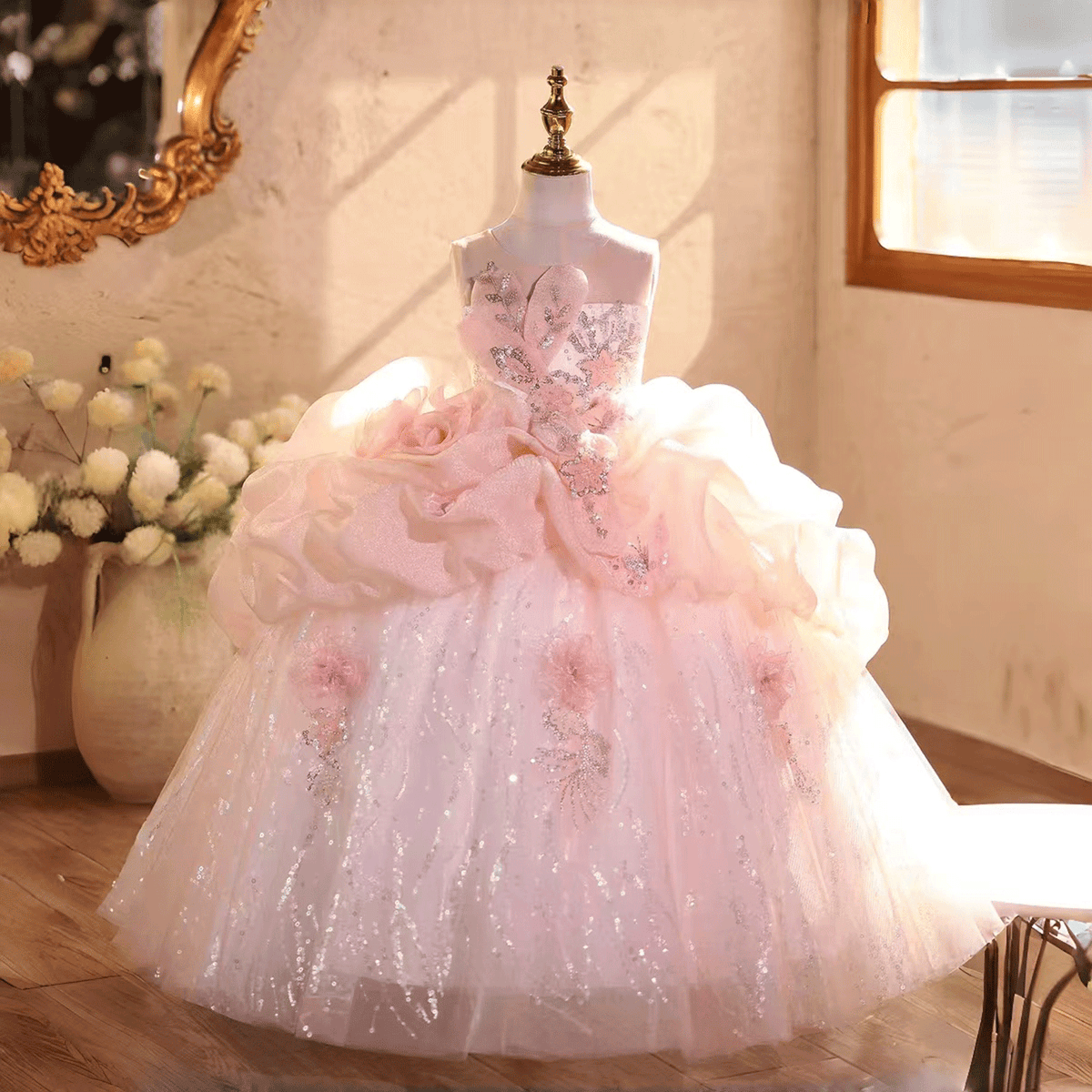 Girls’ Pink Sequin Party Dress Strapless Tulle Gown with Giant Bow 3D Flowers for Birthdays Pageants J611