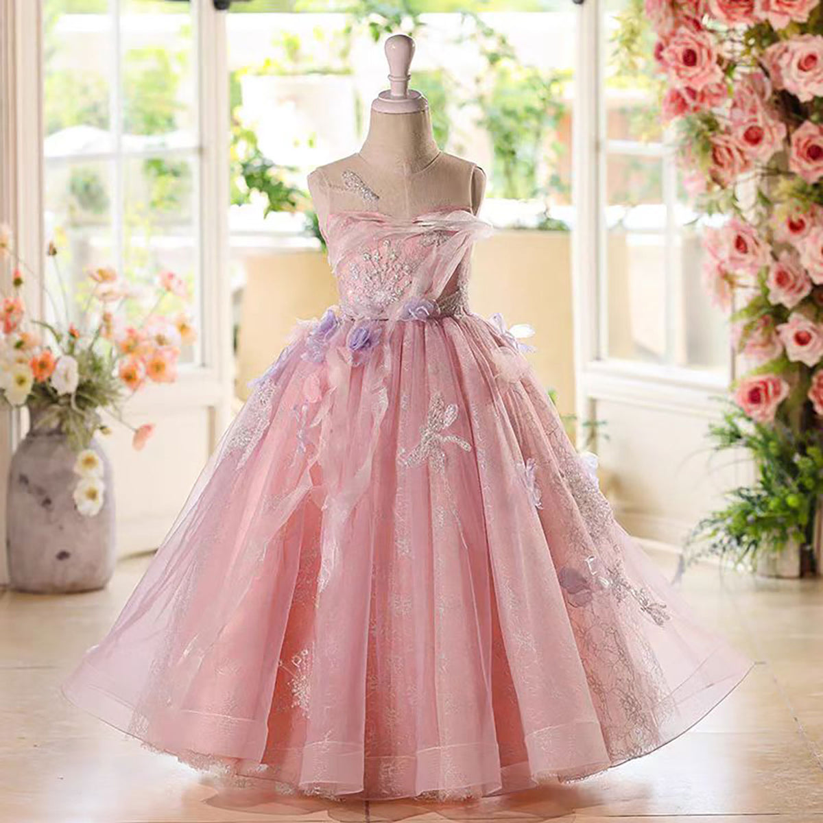 Jill Sleeveless Butterfly Applique Pearled Flower Girl Dress D075