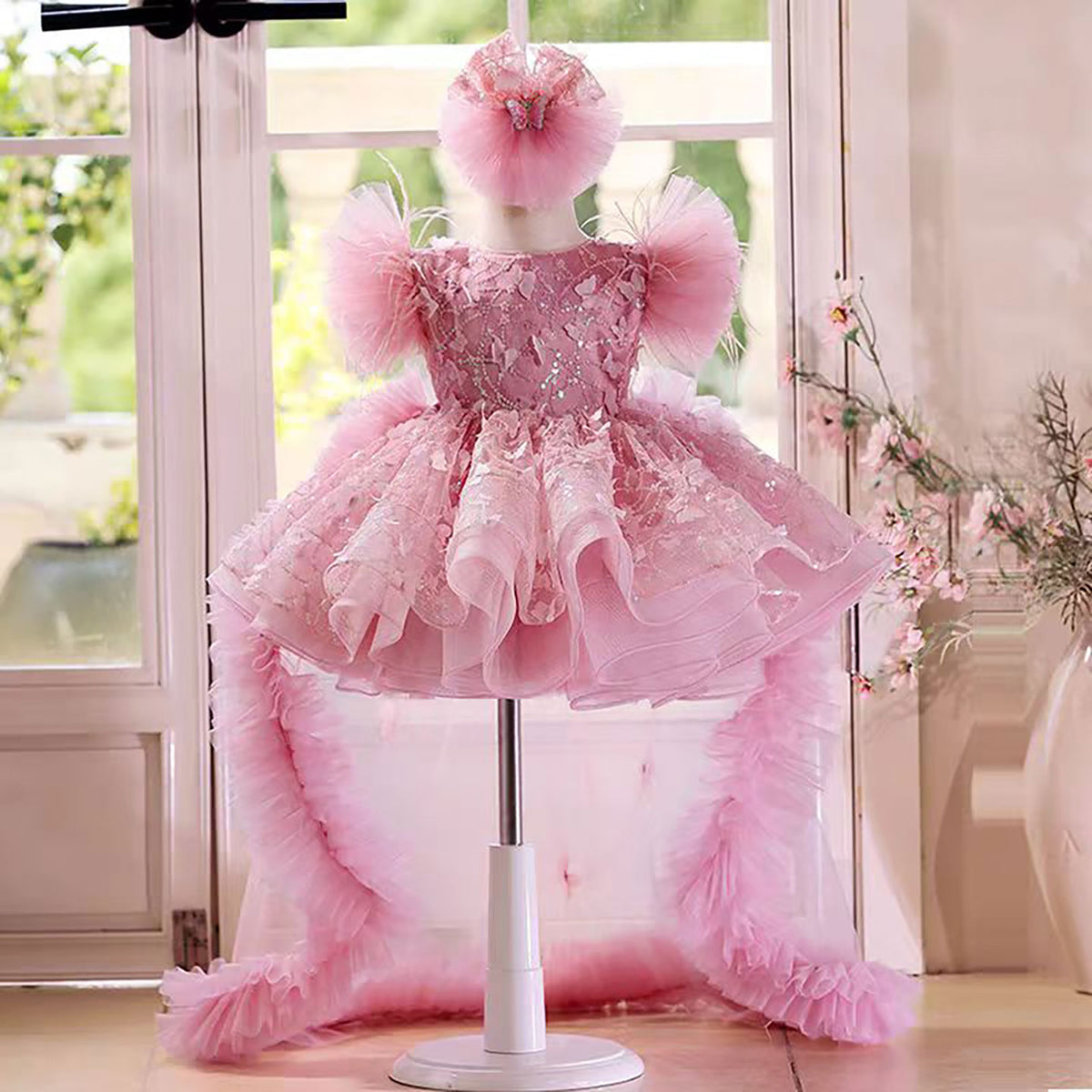 Jill Butterfly Applique Flower Baby Girl Dress With Trailing D063