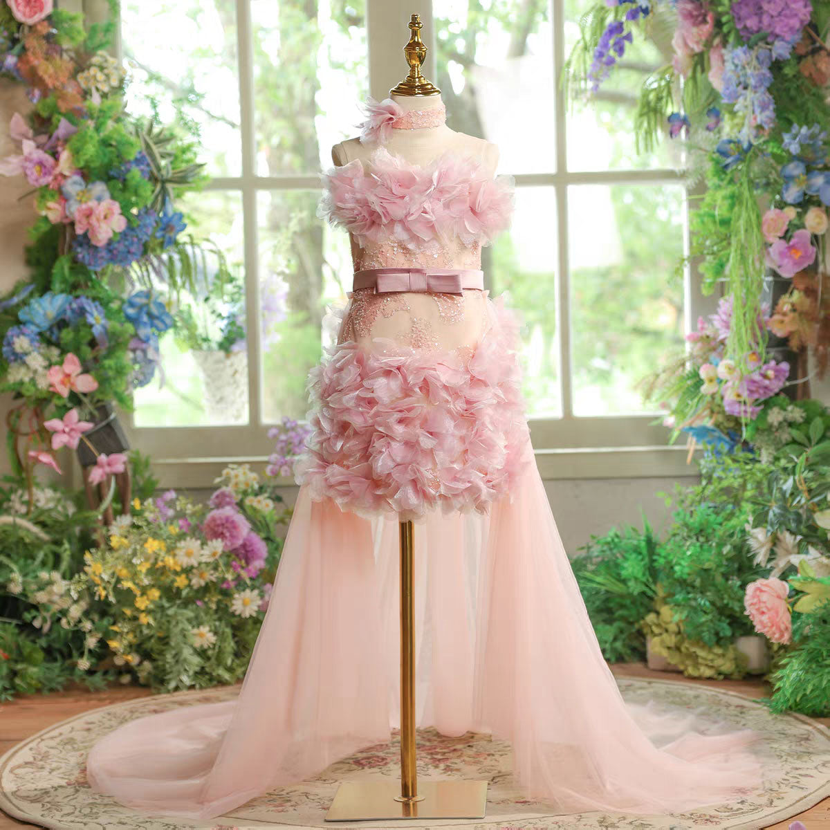 Luxury Pink Girl Dress Princess Birthday Pageant Party Gown D157