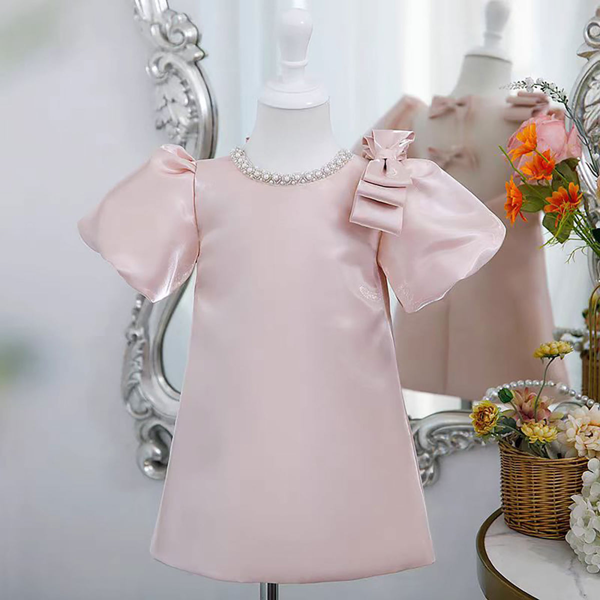 Jill Elegant Pink Bow Short Sleeve with Pearl Flower Girl Dress With Bow D085