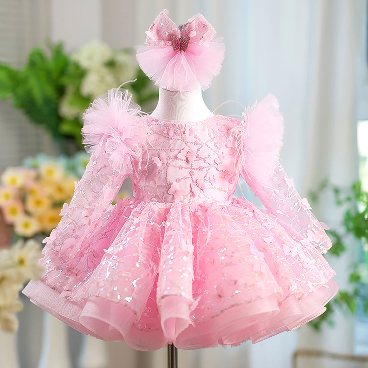 Jill Butterfly Applique Long Sleeves Flower Girl Dress Bowed J555