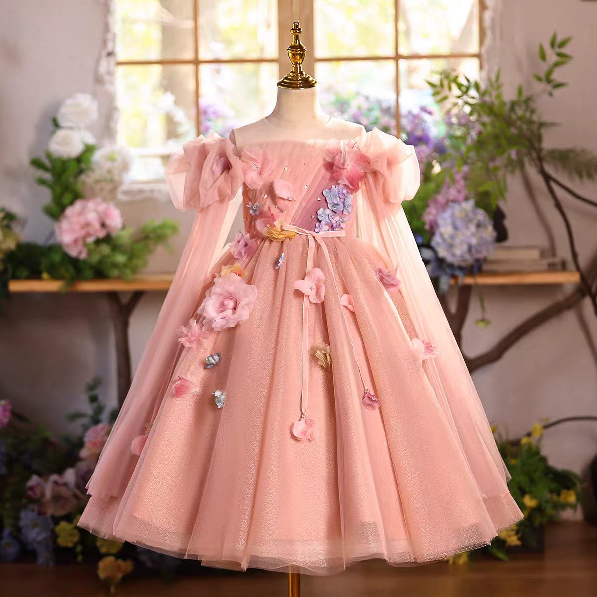 Pink Flower Girl Dress for Girls Tulle Party Dress with Floral Design for Birthday D340