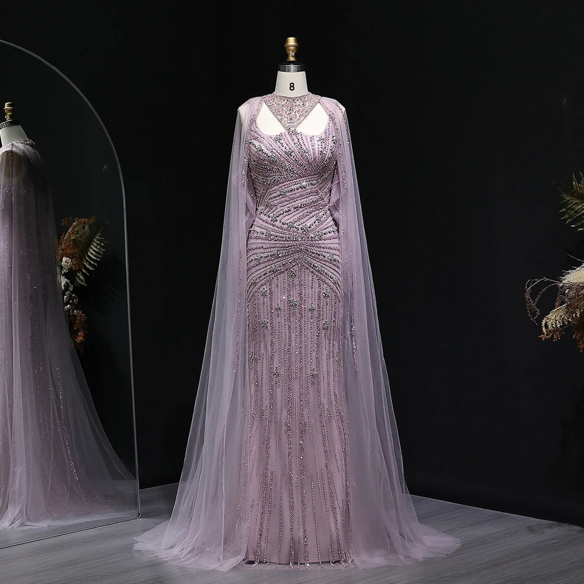Jill Wish Luxury Beaded Cape Sleeve Evening Dress SS149