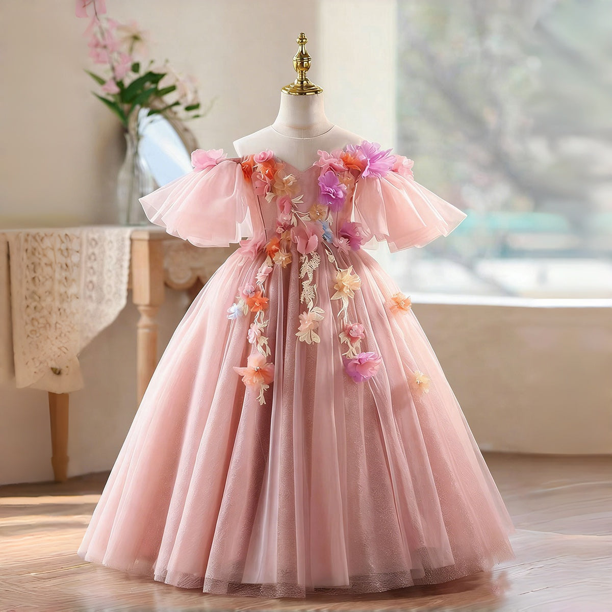 Pink Flower Girl Dress for Girls Tulle Party Dress with Floral Embroidery for Birthday D334