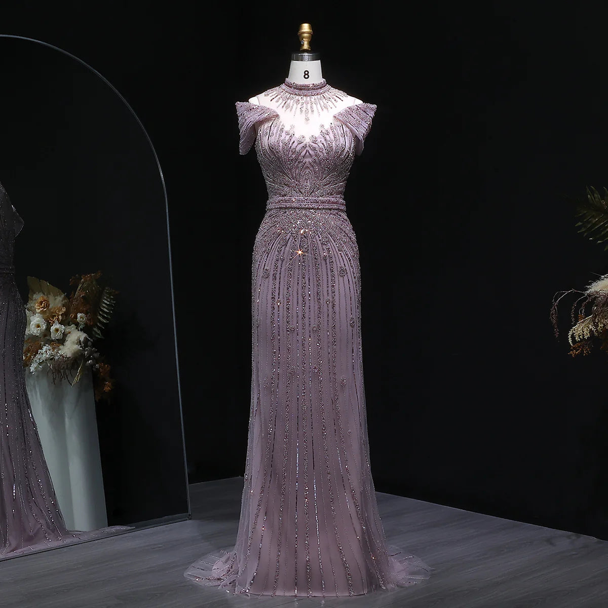 Elegant Off-Shoulder Beaded Evening Gown SS109