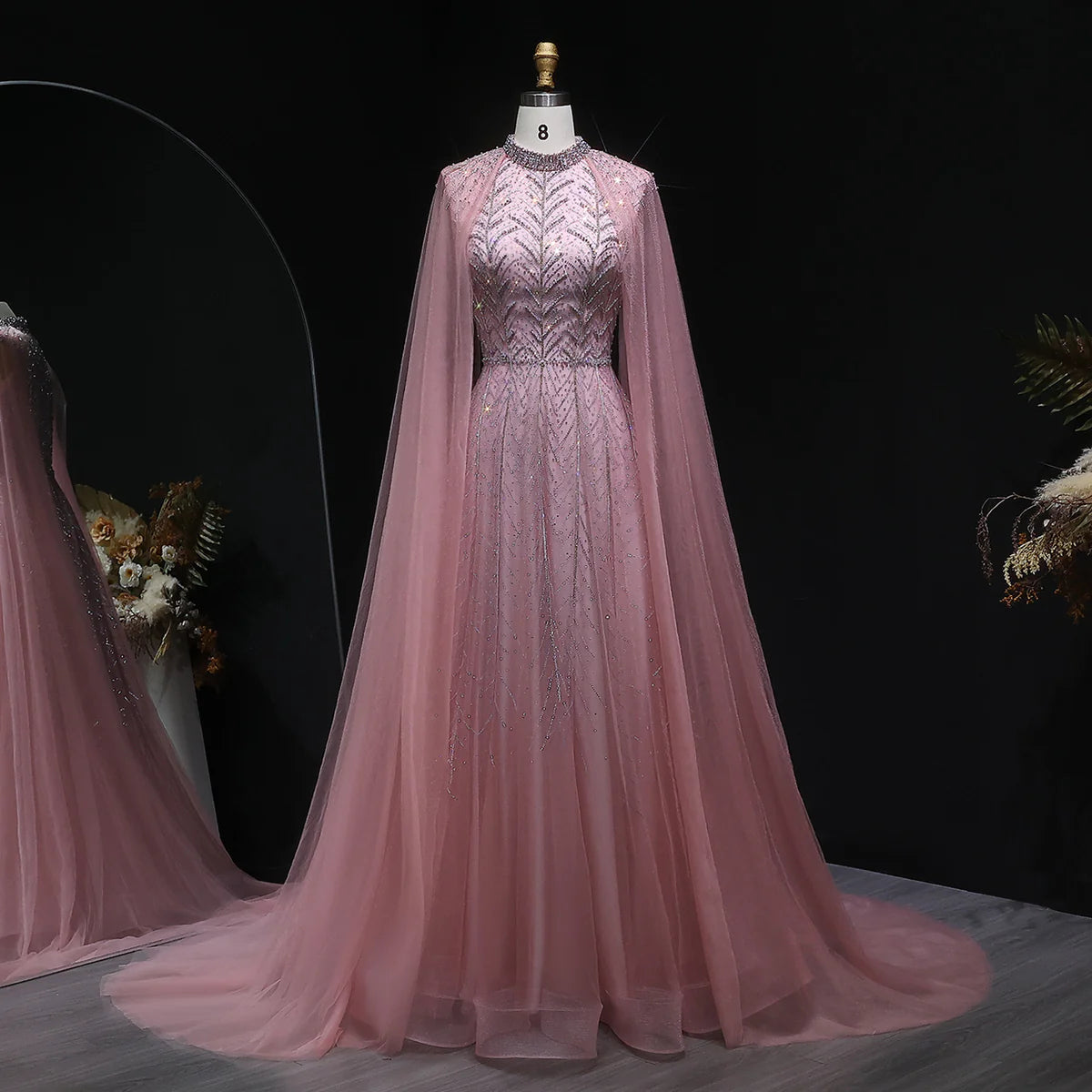 Elegant Crystal Beaded Evening Dress with Sheer Cape SS074