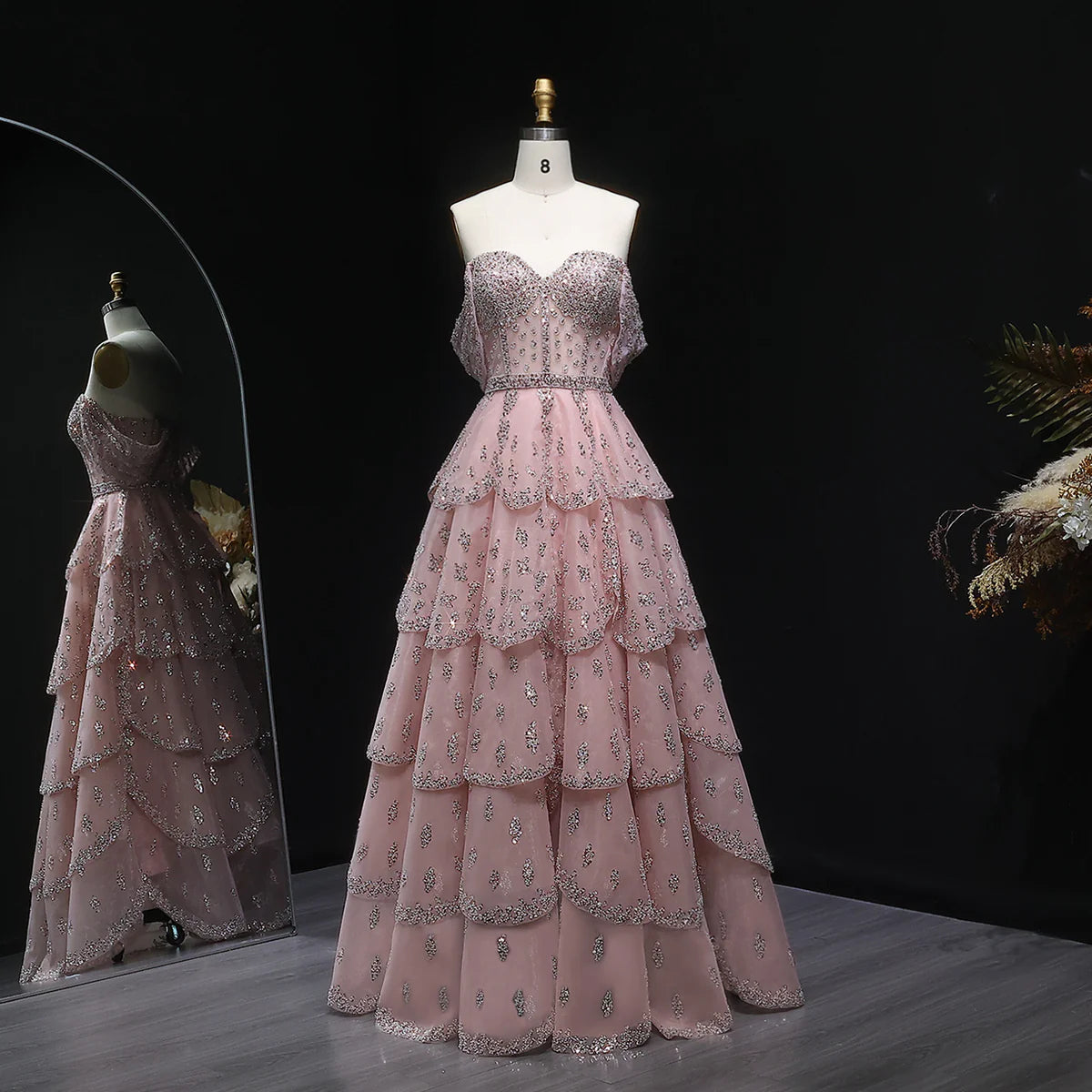 Luxury Pink Sequin Strapless Ball Gown with Romantic Layers SS612