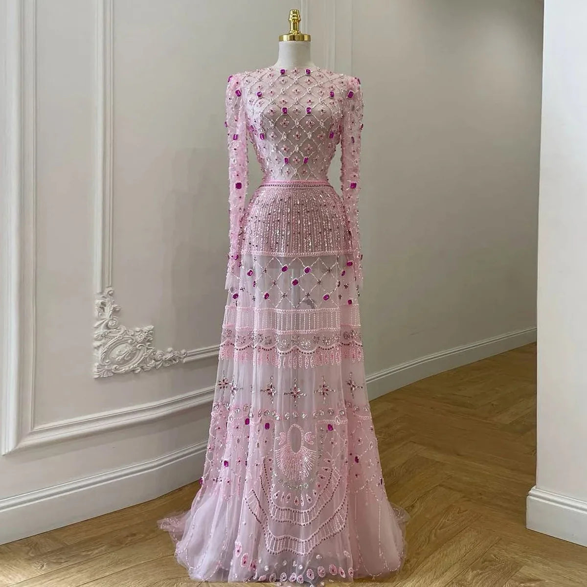 Luxury Pink Embroidered Evening Dress with Sparkling Crystal Beads SS220
