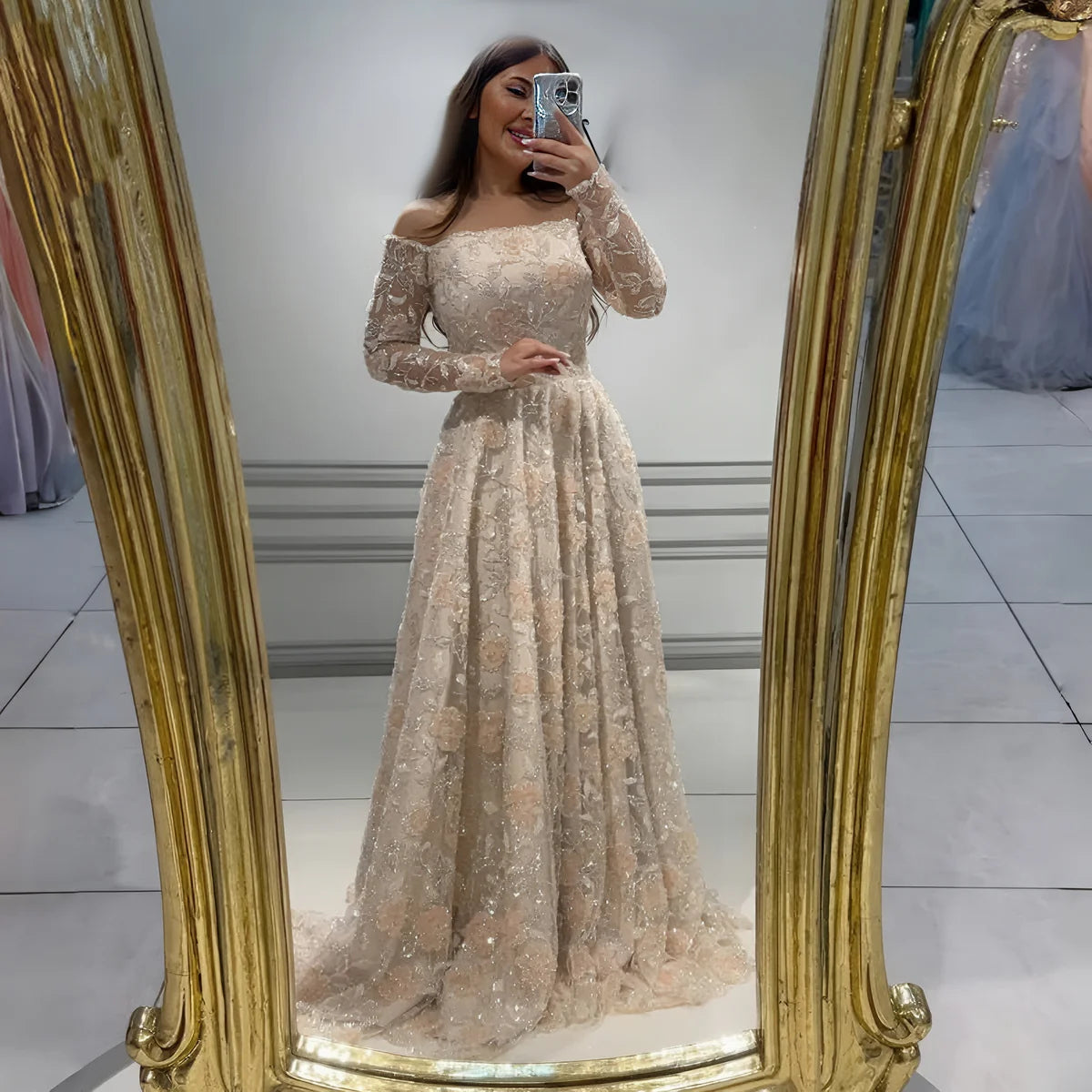 Elegant Blush Pink Long Sleeve Embroidered Beaded Evening Dress SS638