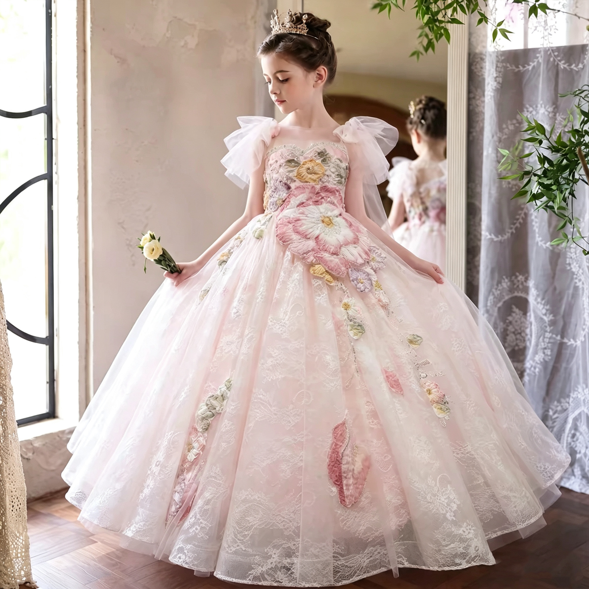 Pink Floral Girls Ball Gown D333