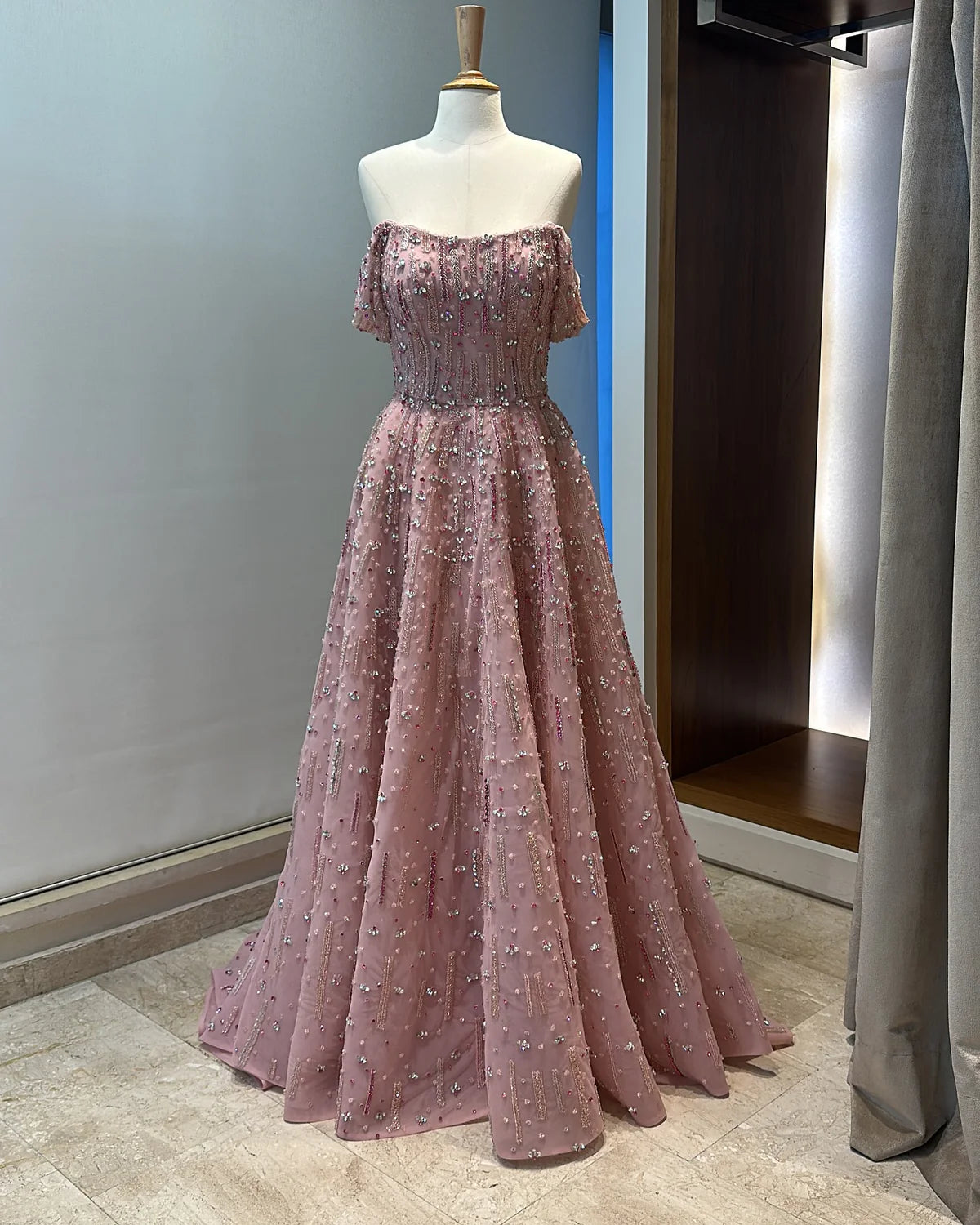 Elegant Blush Pink Beaded Off Shoulder Formal Evening Dress SS226