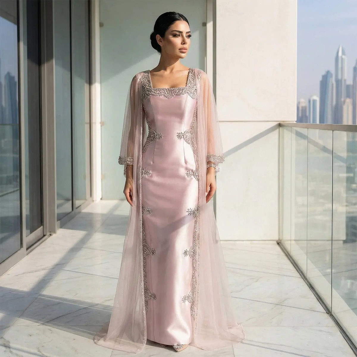Stunning Pink Satin Evening Dress with Crystal Embellishments and Sleek Column Silhouette SS326
