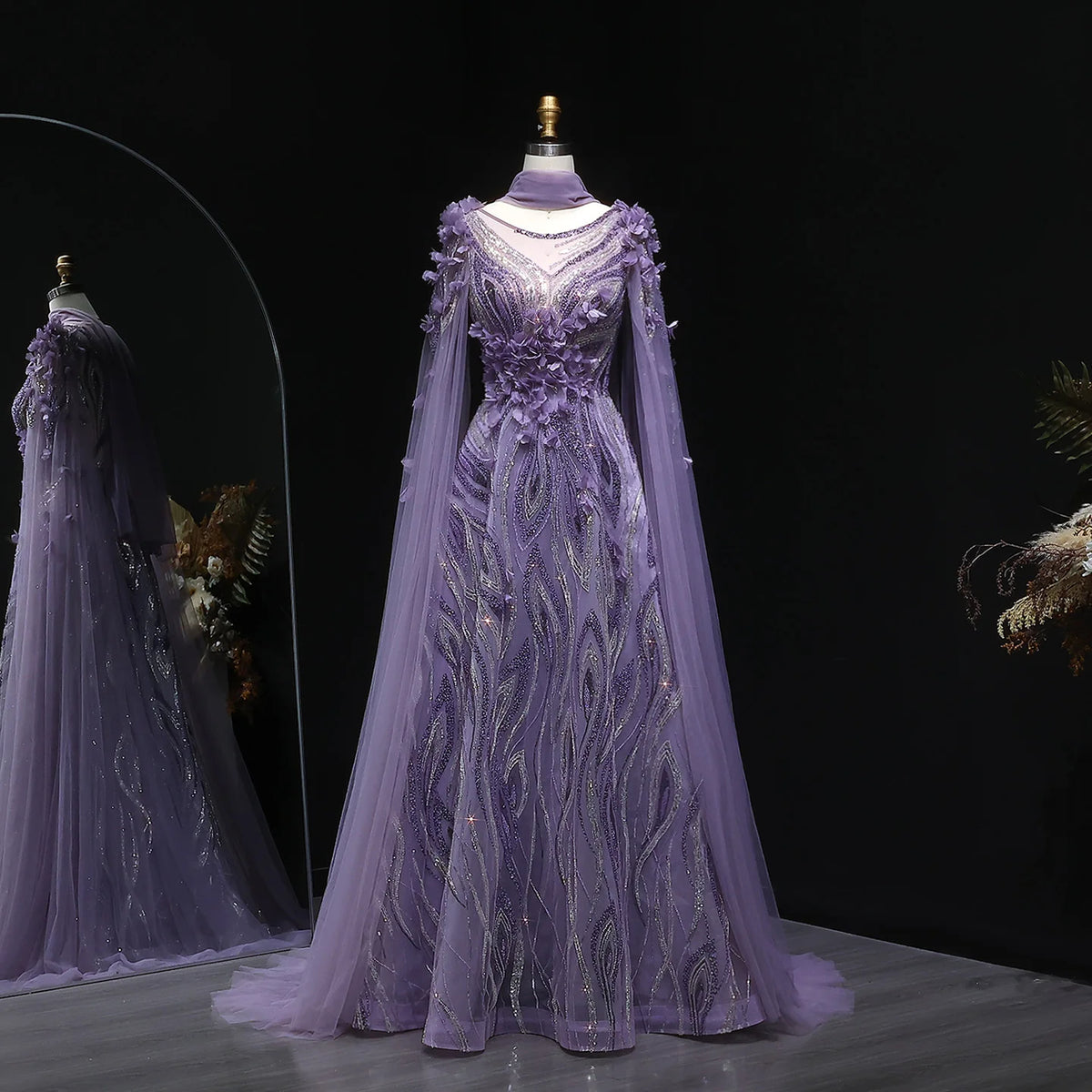 Luxury Beaded Evening Dress with 3D Flowers and Flowing Scarf SS060
