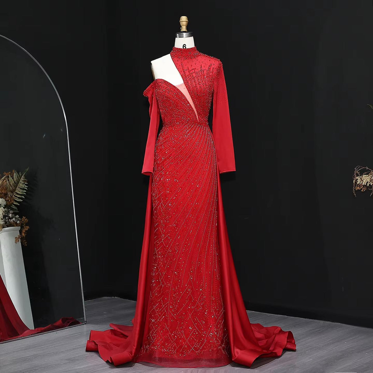 Wine Red One Shoulder Evening Dress with Overskirt SS019