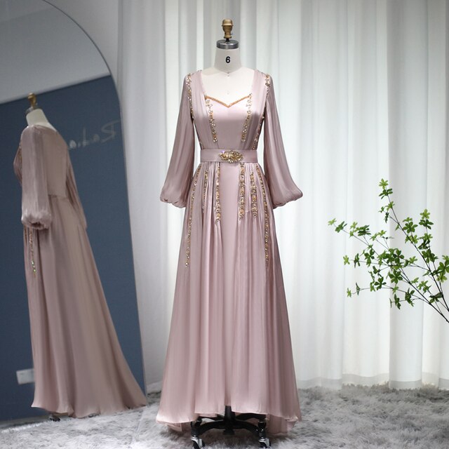 Rose Gold Moroccan Kaftan Long Sleeve Dubai Muslim Evening Dress for Women Wedding Party Arabic Engagement Formal Gowns SS441