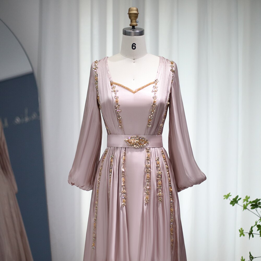Rose Gold Moroccan Kaftan Long Sleeve Dubai Muslim Evening Dress for Women Wedding Party Arabic Engagement Formal Gowns SS441