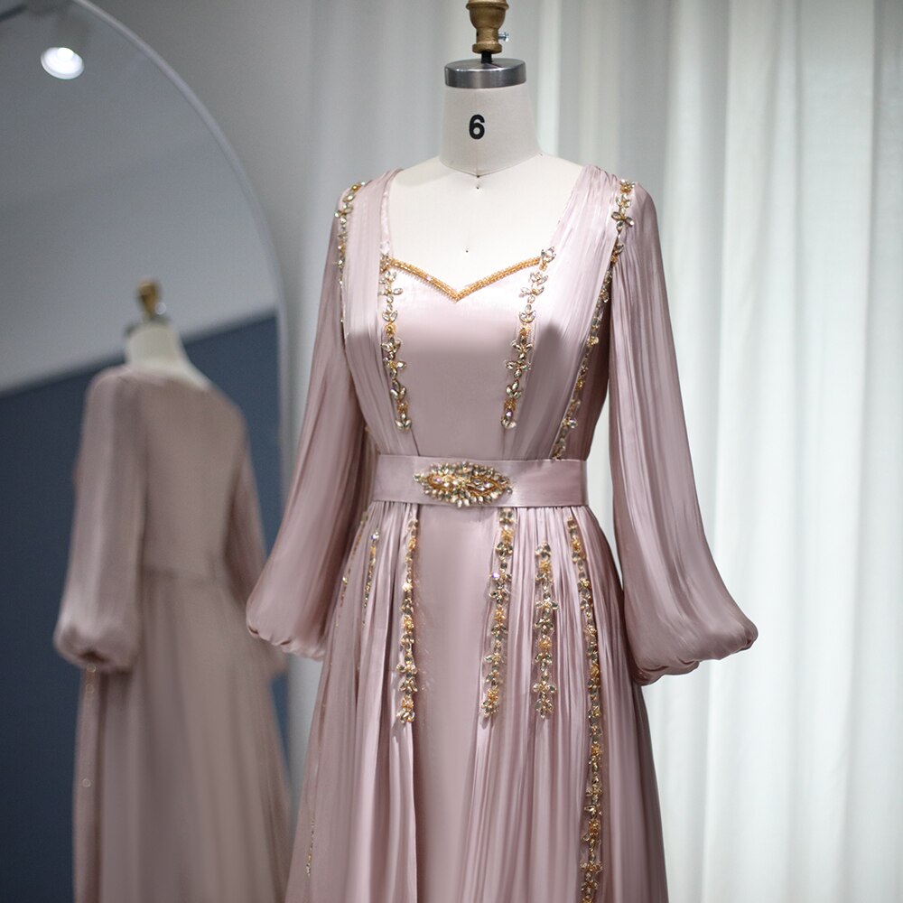 Rose Gold Moroccan Kaftan Long Sleeve Dubai Muslim Evening Dress for Women Wedding Party Arabic Engagement Formal Gowns SS441