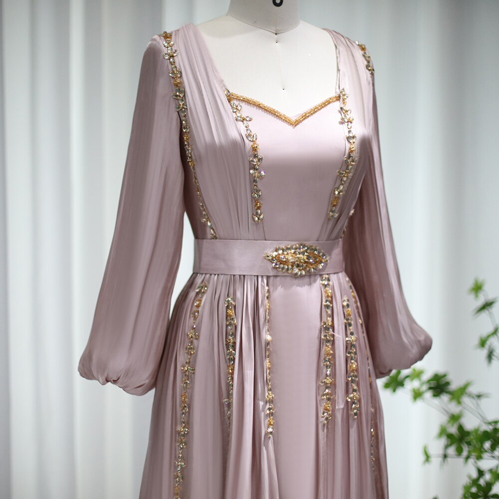 Rose Gold Moroccan Kaftan Long Sleeve Dubai Muslim Evening Dress for Women Wedding Party Arabic Engagement Formal Gowns SS441