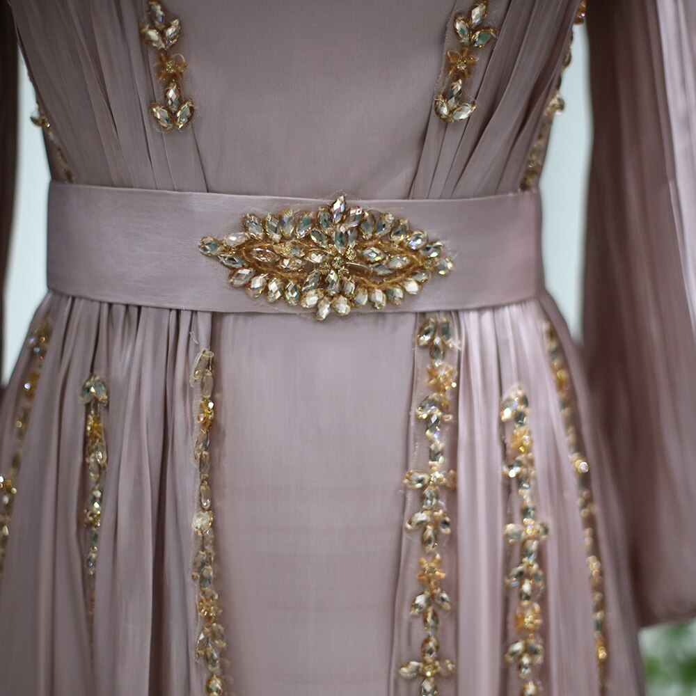 Rose Gold Moroccan Kaftan Long Sleeve Dubai Muslim Evening Dress for Women Wedding Party Arabic Engagement Formal Gowns SS441
