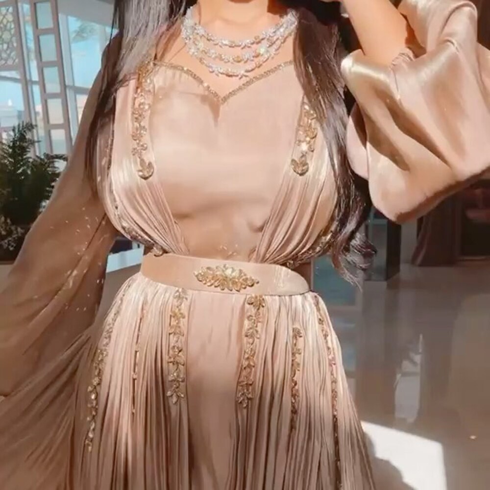 Rose Gold Moroccan Kaftan Long Sleeve Dubai Muslim Evening Dress for Women Wedding Party Arabic Engagement Formal Gowns SS441