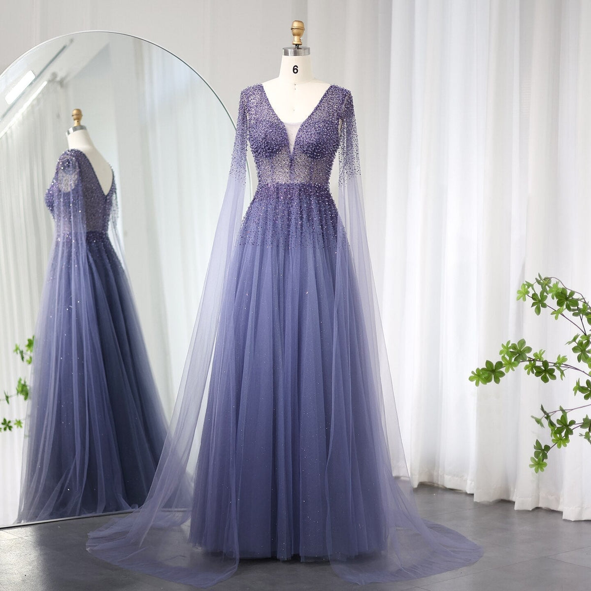 Royal Blue Luxury Dubai Evening Dress with Cape Sleeves Elegant Pink V-Neck Purple Women Wedding Party Gowns SS012