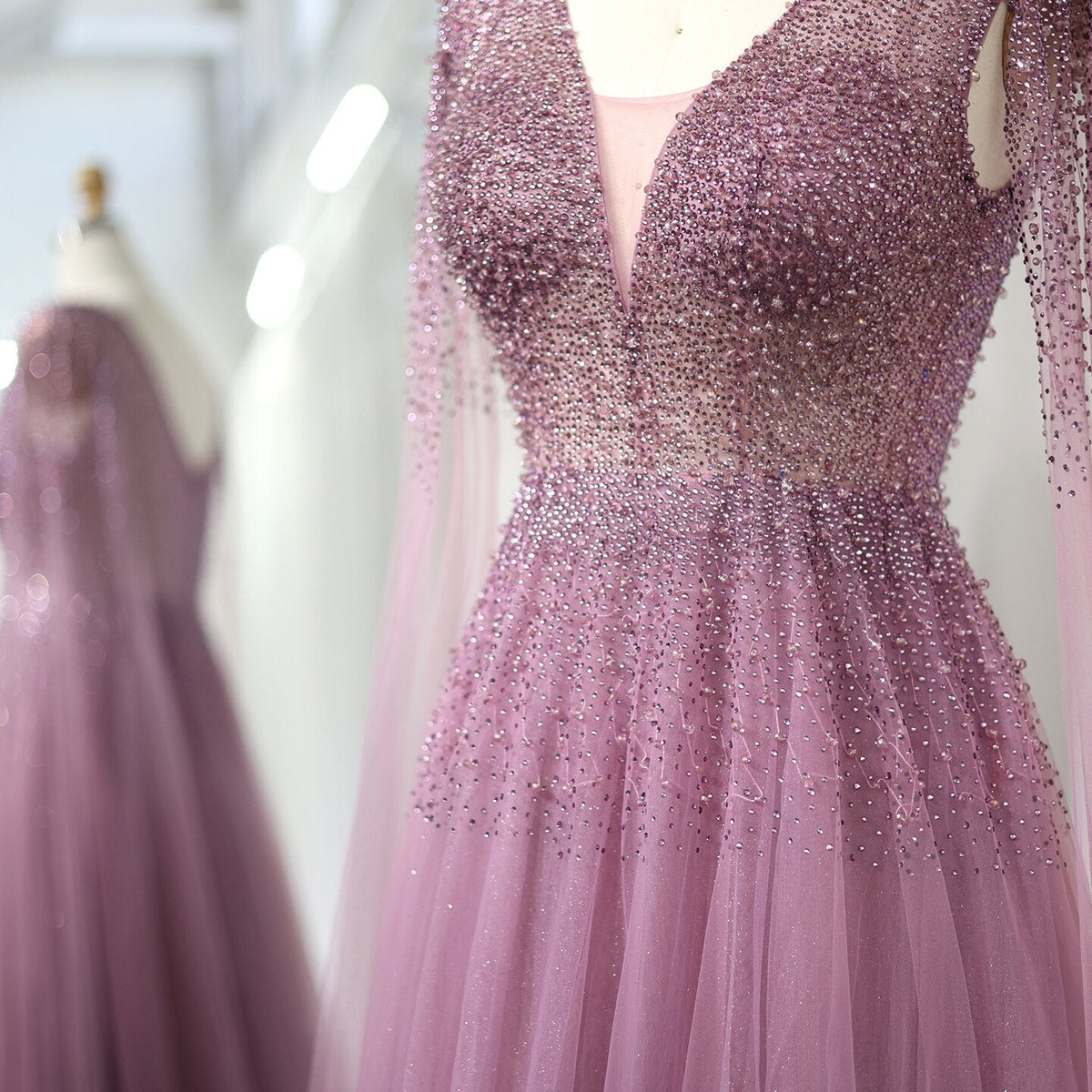 Royal Blue Luxury Dubai Evening Dress with Cape Sleeves Elegant Pink V-Neck Purple Women Wedding Party Gowns SS012