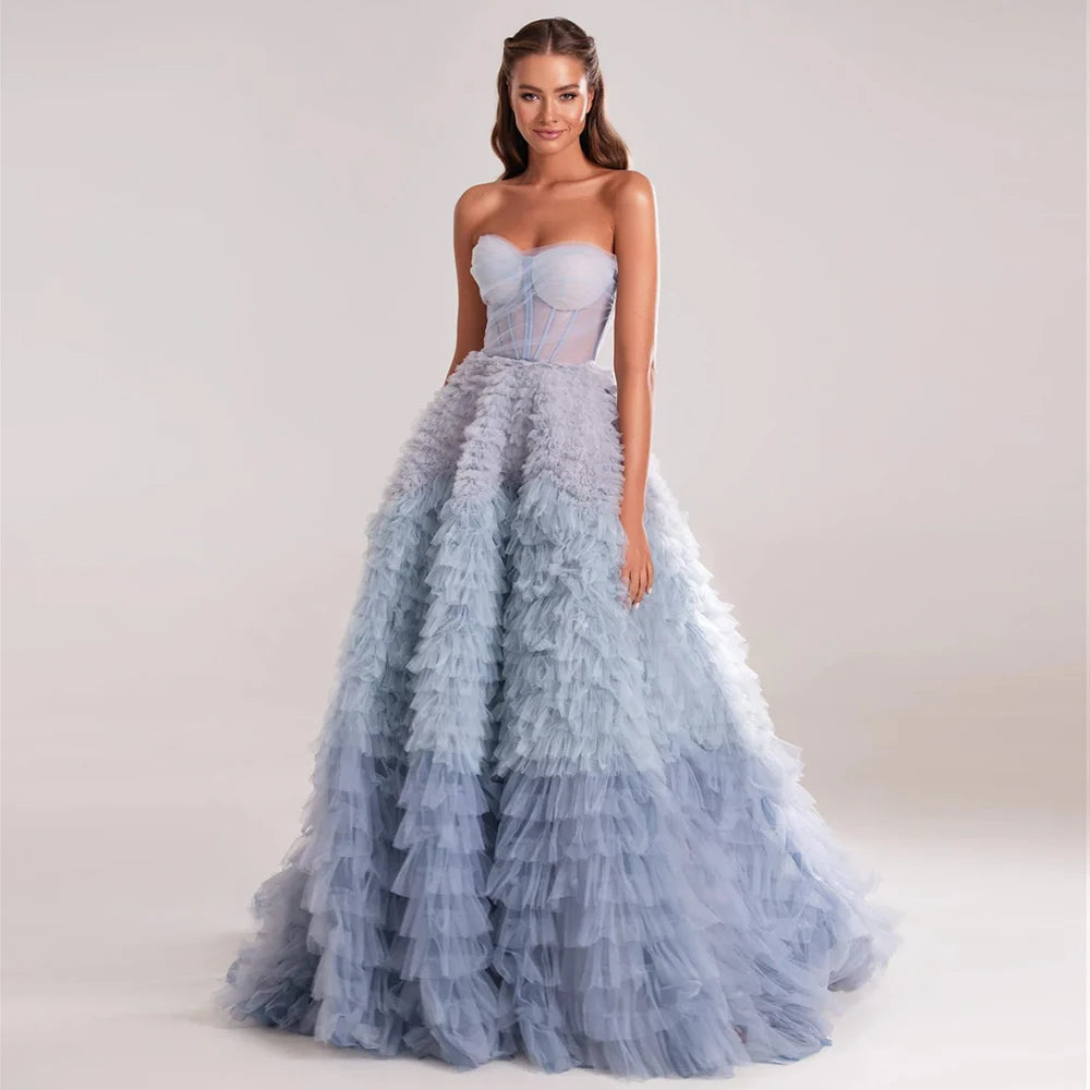 Chic Blue Ombre Tiered Ruffles Ball Gown Evening Dress SS551