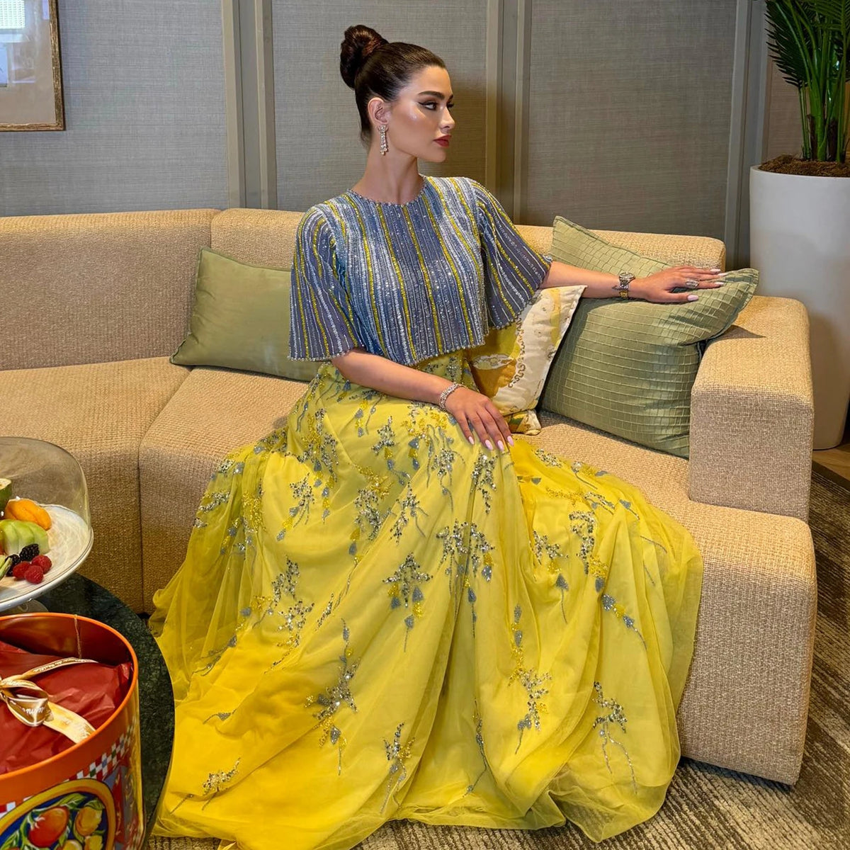 Luxury Dubai Blue Yellow 2 Pieces Evening Dresses for Women SS490
