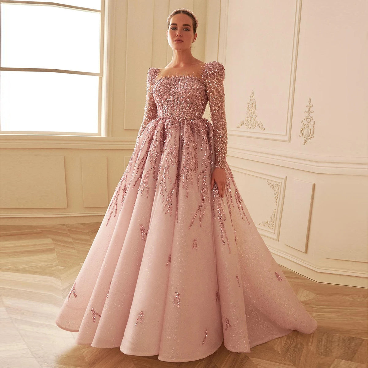 Luxury Beaded Pink Long Sleeves Evening Dress SS453