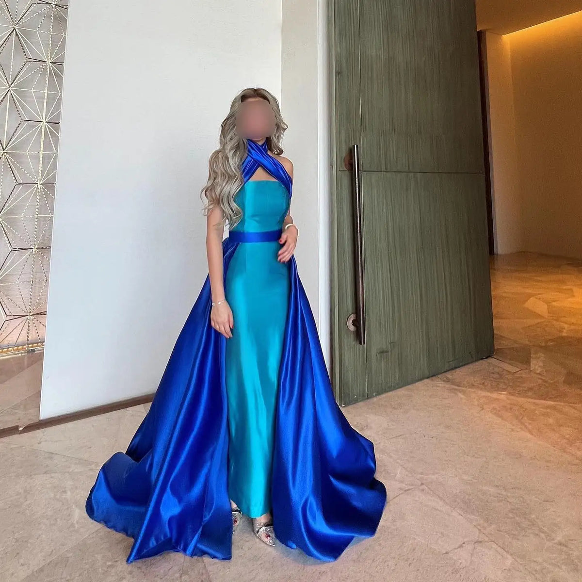 Arabic Royal Blue Contrast Turquoise Evening Dress with Overskirt  SF012